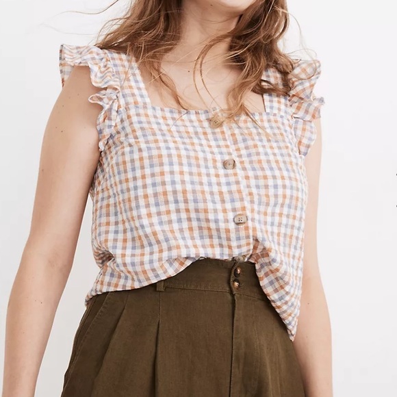 Madewell Gingham Seersucker Ruffle Sleeve Top - Picture 2 of 8